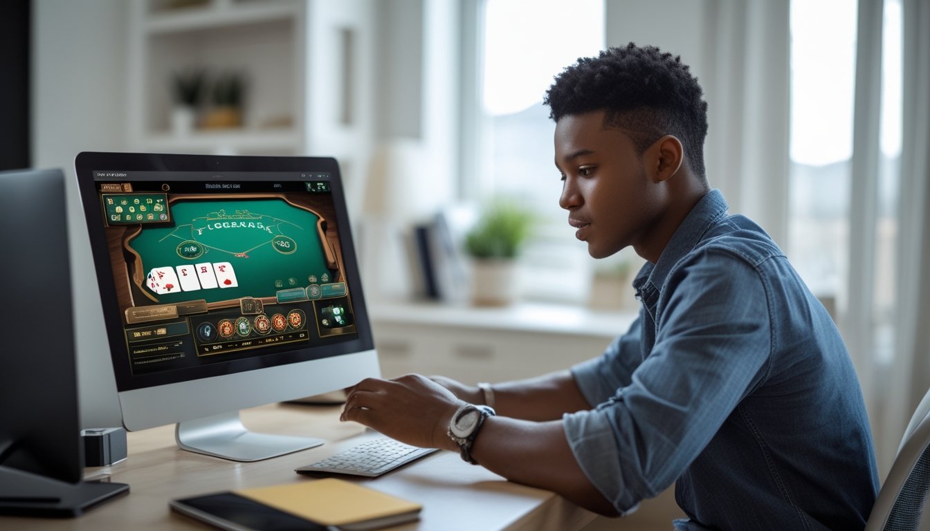 Seseorang muda sedang bermain blackjack online di komputer di ruangan yang terang dengan meja dan kartu blackjack digital di layar.