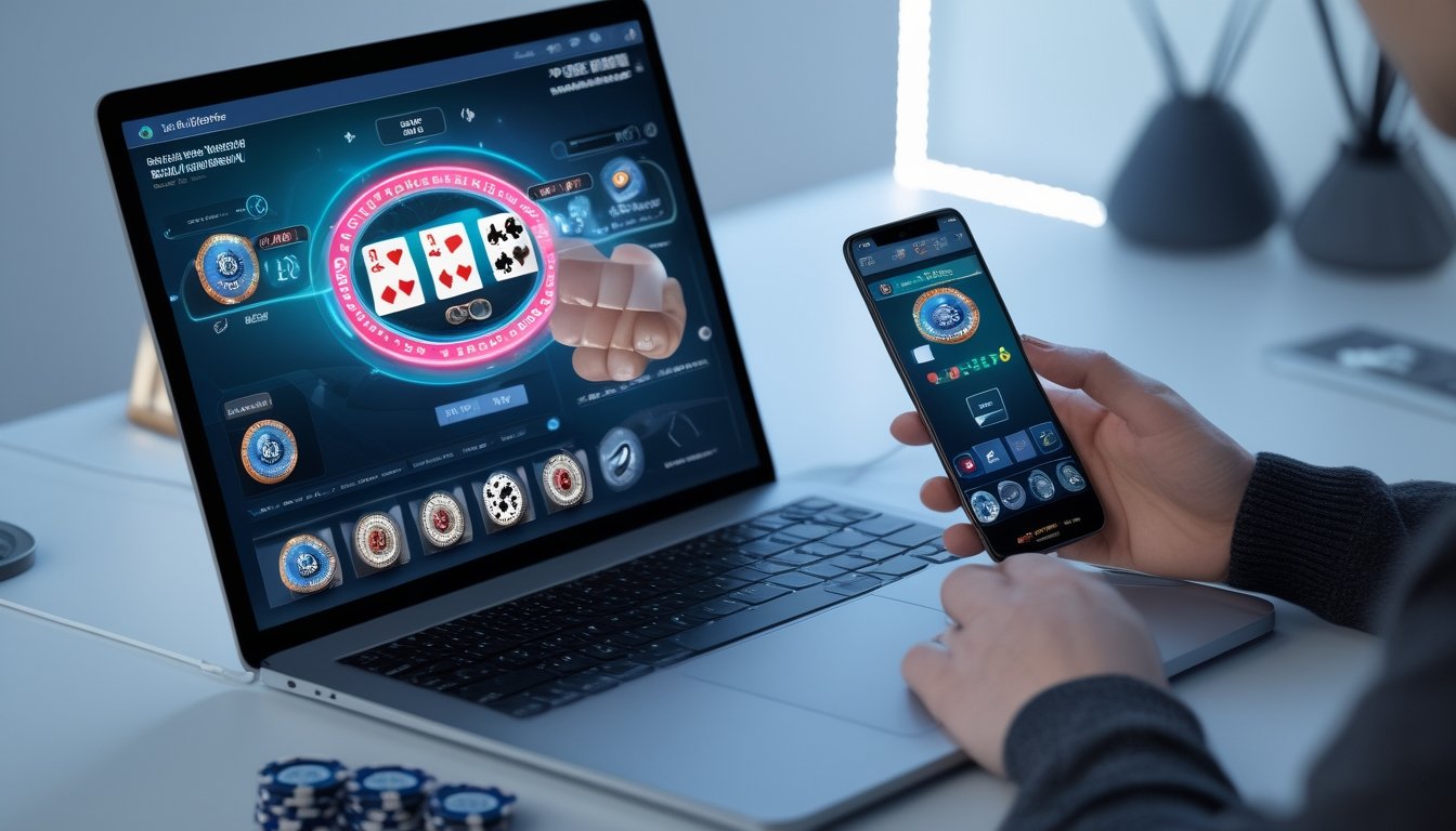 Seseorang sedang bermain blackjack online dengan laptop dan mengelola chip poker di meja yang rapi.