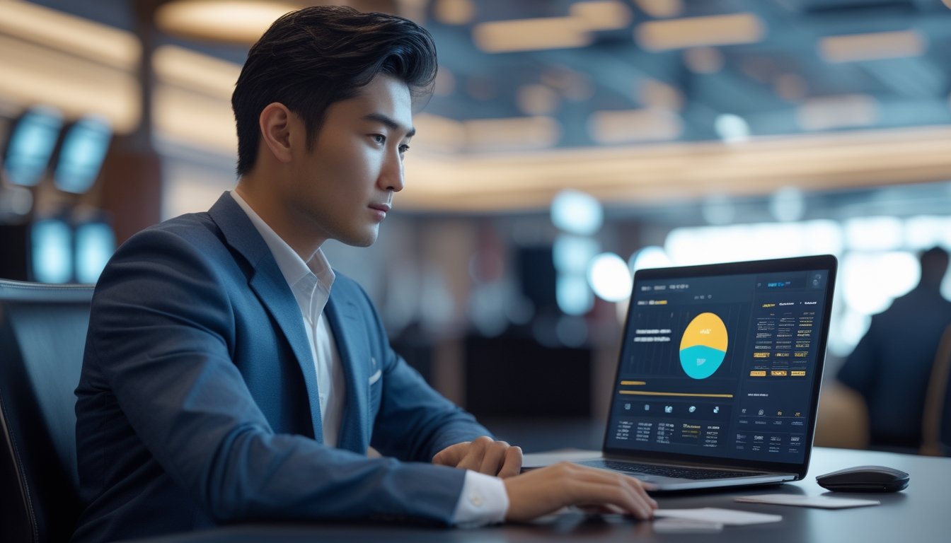 Seorang pria Asia berpakaian rapi duduk di depan laptop dengan latar belakang meja blackjack dan chip kasino yang samar.