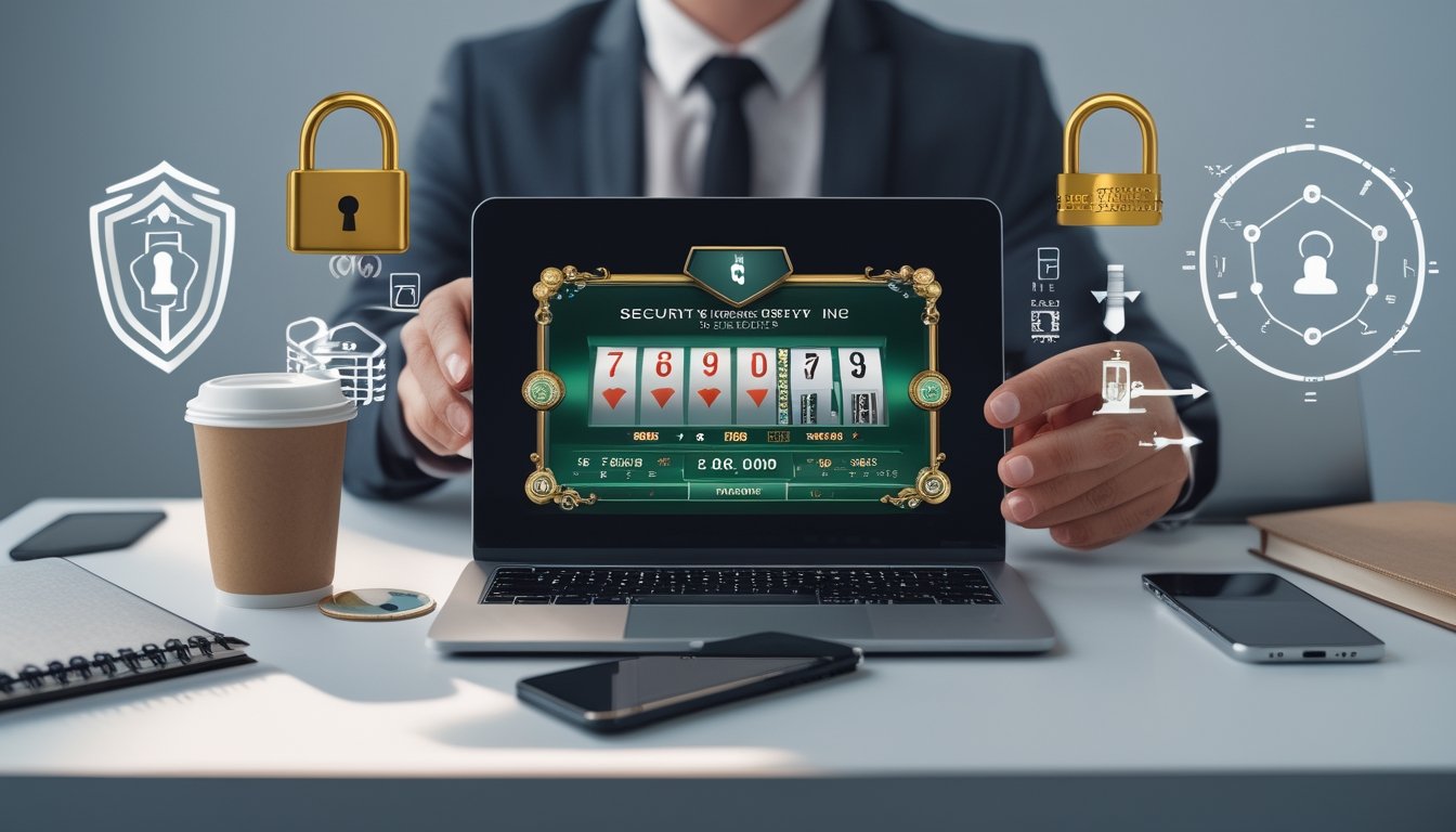 Seorang pengguna sedang bermain blackjack online di laptop dengan simbol keamanan seperti gembok dan perisai di sekitar layar.