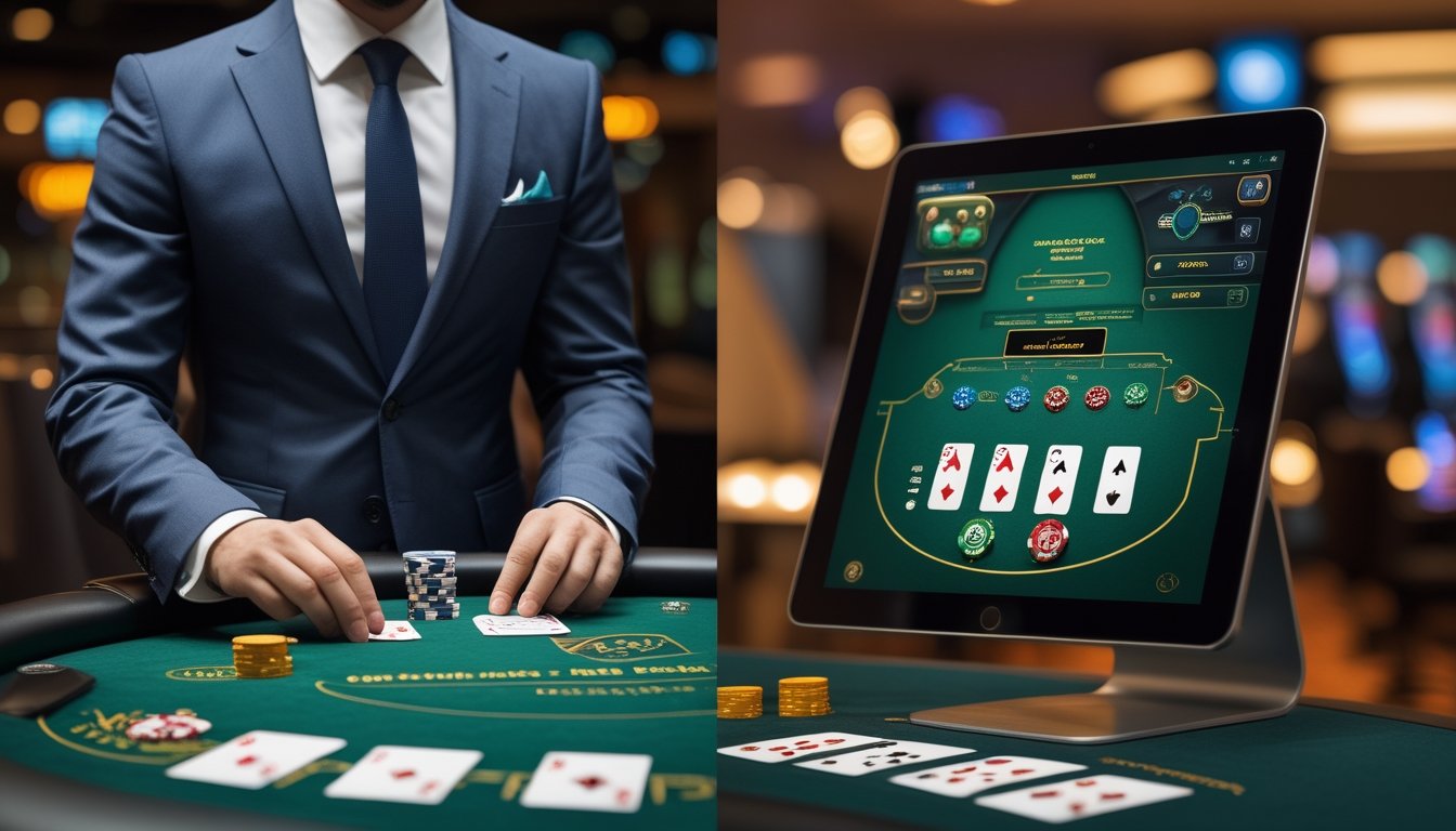 Seorang dealer blackjack langsung di meja kasino dan layar perangkat menampilkan permainan blackjack virtual di perkebunan.