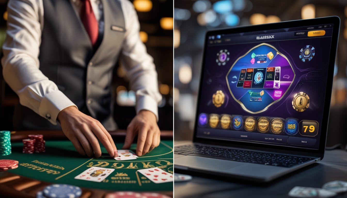 Perbandingan antara permainan blackjack dengan dealer langsung di kasino dan permainan blackjack virtual di layar komputer.