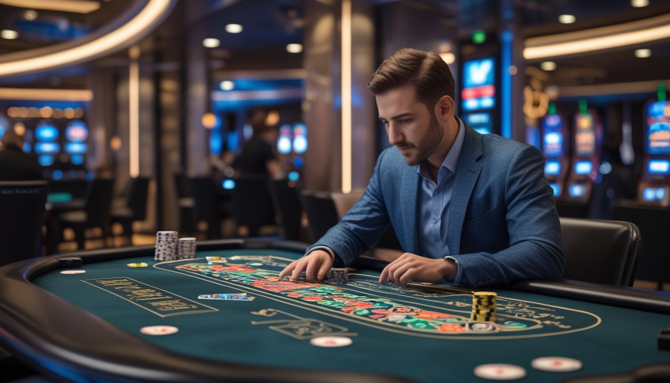 Seorang pria duduk di meja blackjack, mempelajari strategi dasar blackjack dengan fokus di kasino modern.