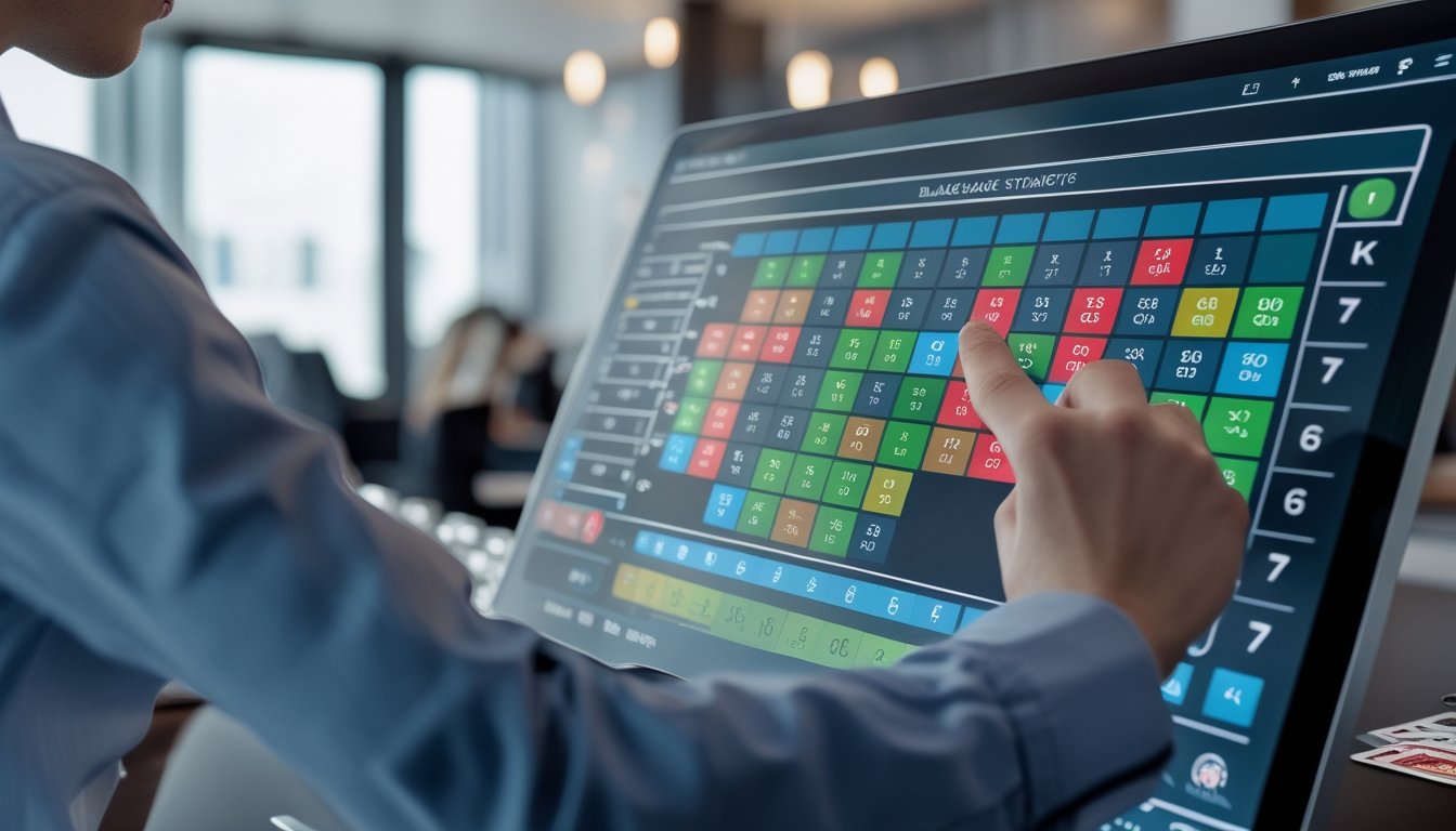 Seorang profesional menunjukkan grafik strategi dasar blackjack di layar digital dalam suasana kantor modern dengan elemen kasino di latar belakang.