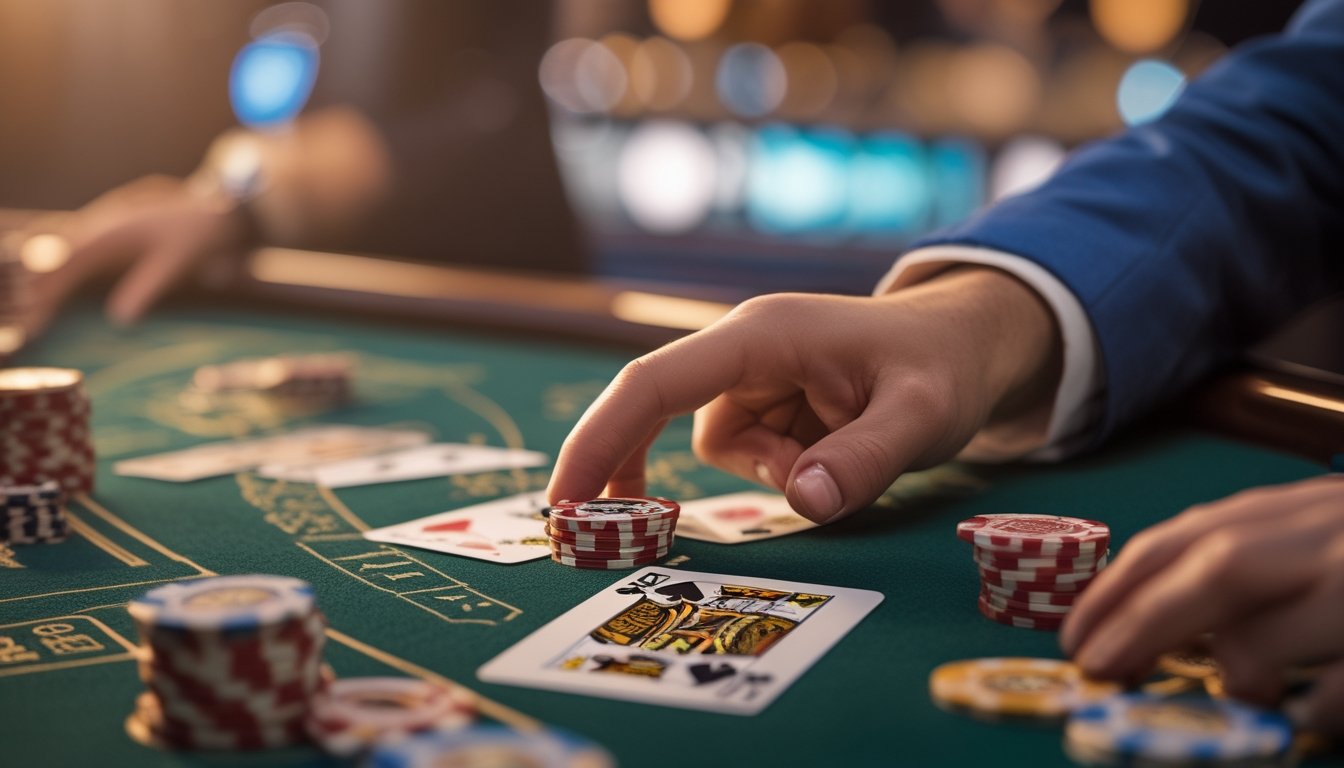 Tangan dealer menolak chip taruhan asuransi di meja blackjack dengan kartu dan chip taruhan terlihat.