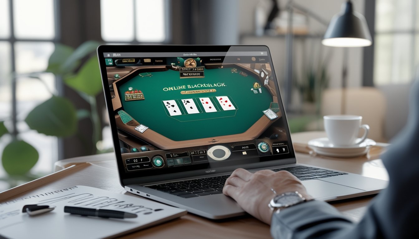 Seorang pemain blackjack online menggunakan laptop di ruang kerja dengan meja yang menampilkan permainan blackjack dan alat tulis di sekitarnya.
