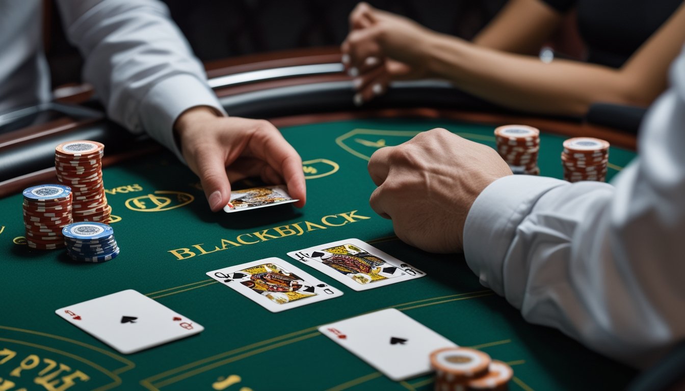 Meja blackjack dengan tangan pemain yang sedang membagi kartu pasangan, tumpukan chip, dan tangan dealer di latar belakang.