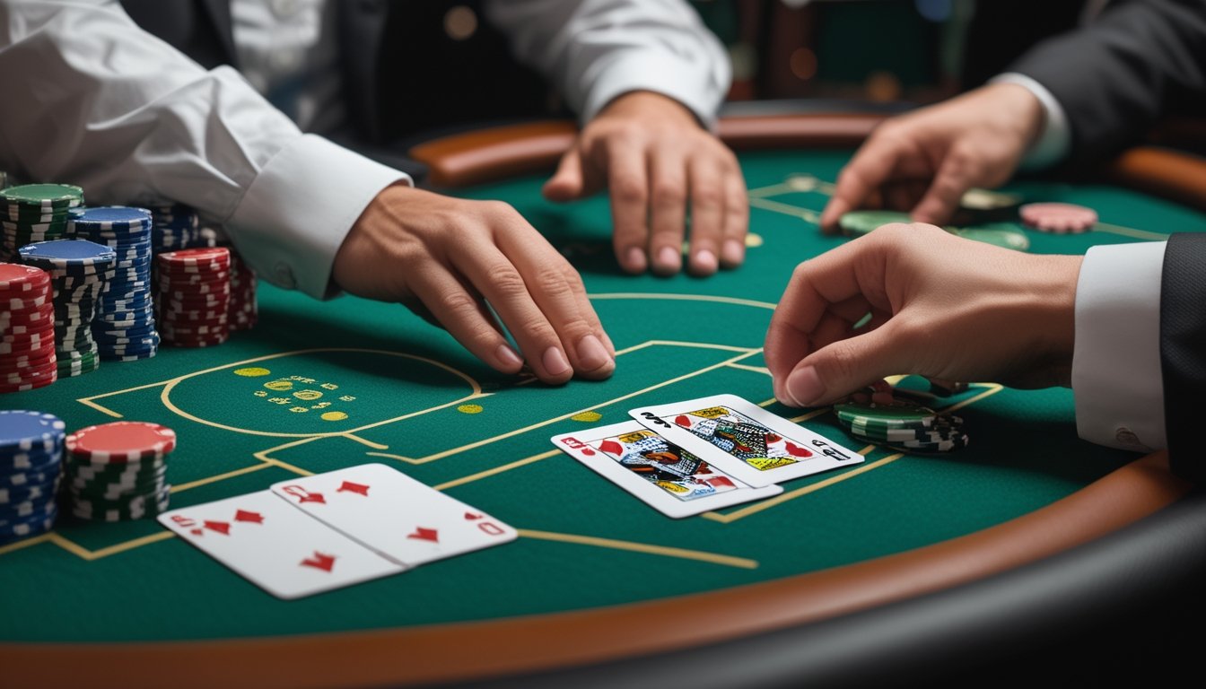 Tangan dealer dan pemain sedang membagi kartu di meja blackjack dengan tumpukan chip di luasnya.