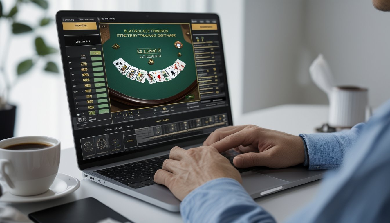 Seseorang sedang menggunakan laptop dengan tampilan meja blackjack digital di sebuah ruang kerja yang rapi dan terang.