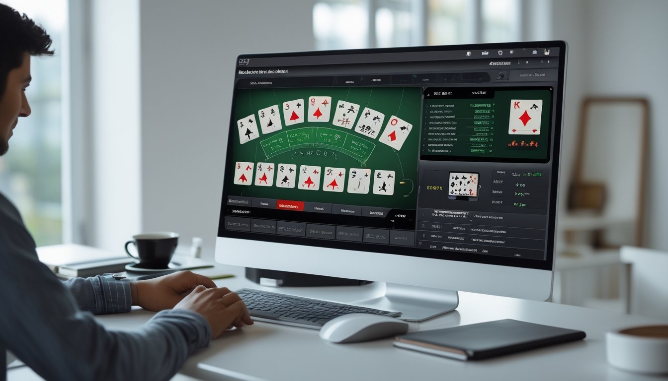 Seseorang sedang belajar strategi blackjack menggunakan perangkat lunak latihan di depan komputer di ruang kerja yang rapi.