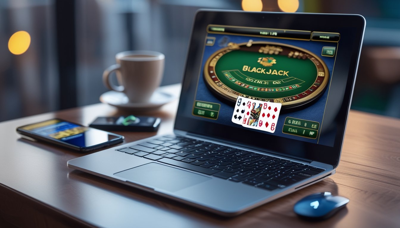 Seorang pemain sedang bermain blackjack online di laptop dengan kartu soft dan hard hand terlihat di layar.