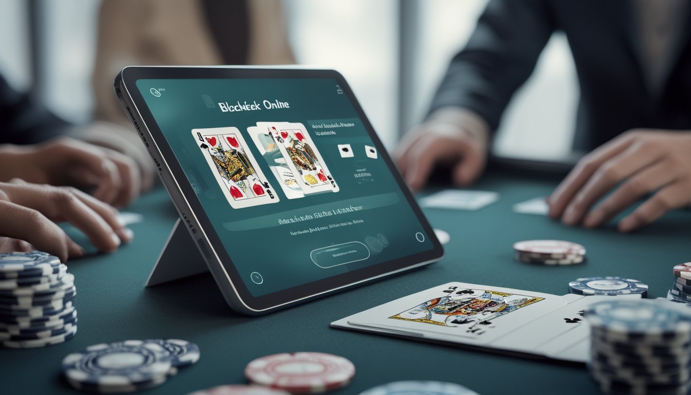 Tampilan dekat permainan blackjack online di layar tablet dengan kartu dan chip yang terlihat jelas.