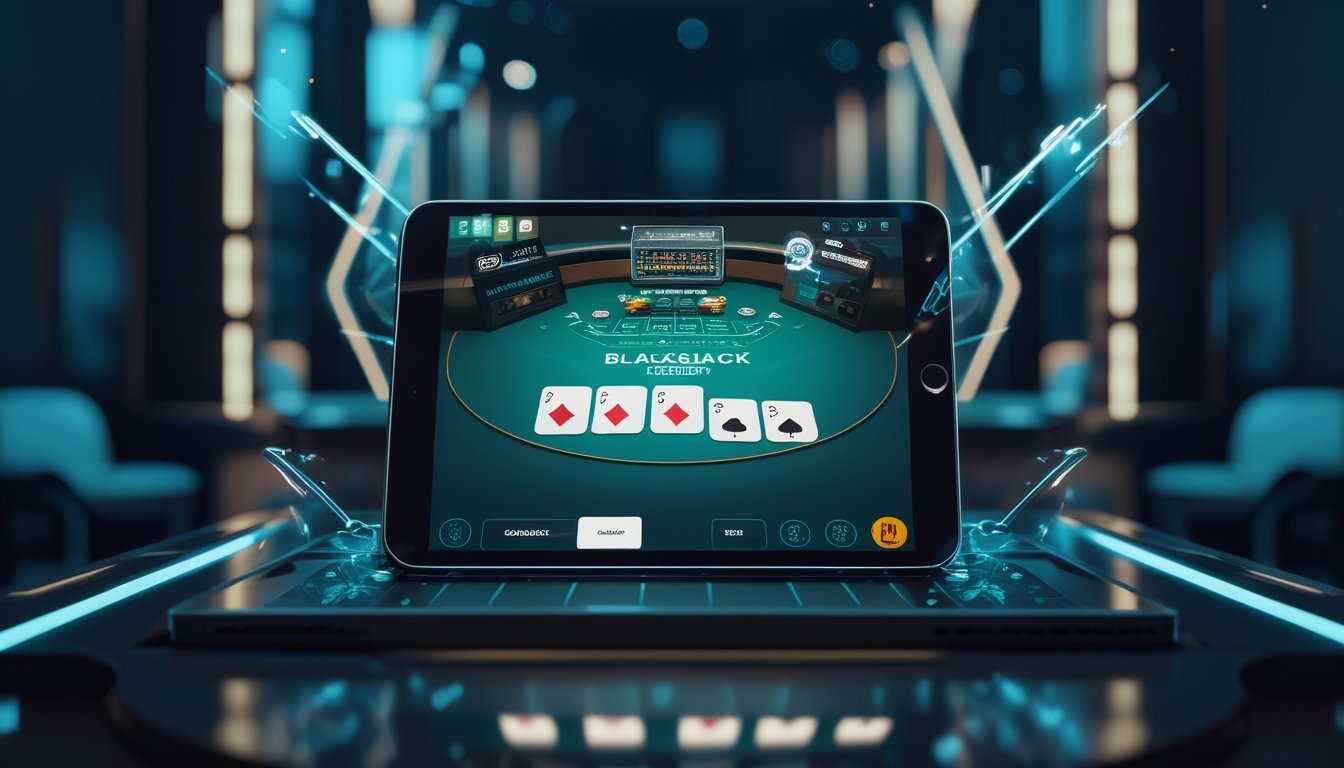 Sebuah layar perangkat modern menampilkan permainan blackjack online dengan kartu dan chip virtual di lingkungan kasino futuristik.