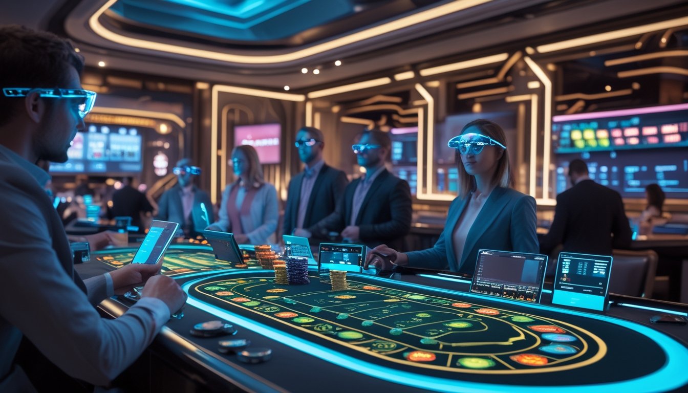 Pemain menggunakan perangkat futuristik di meja blackjack digital di kasino online modern.