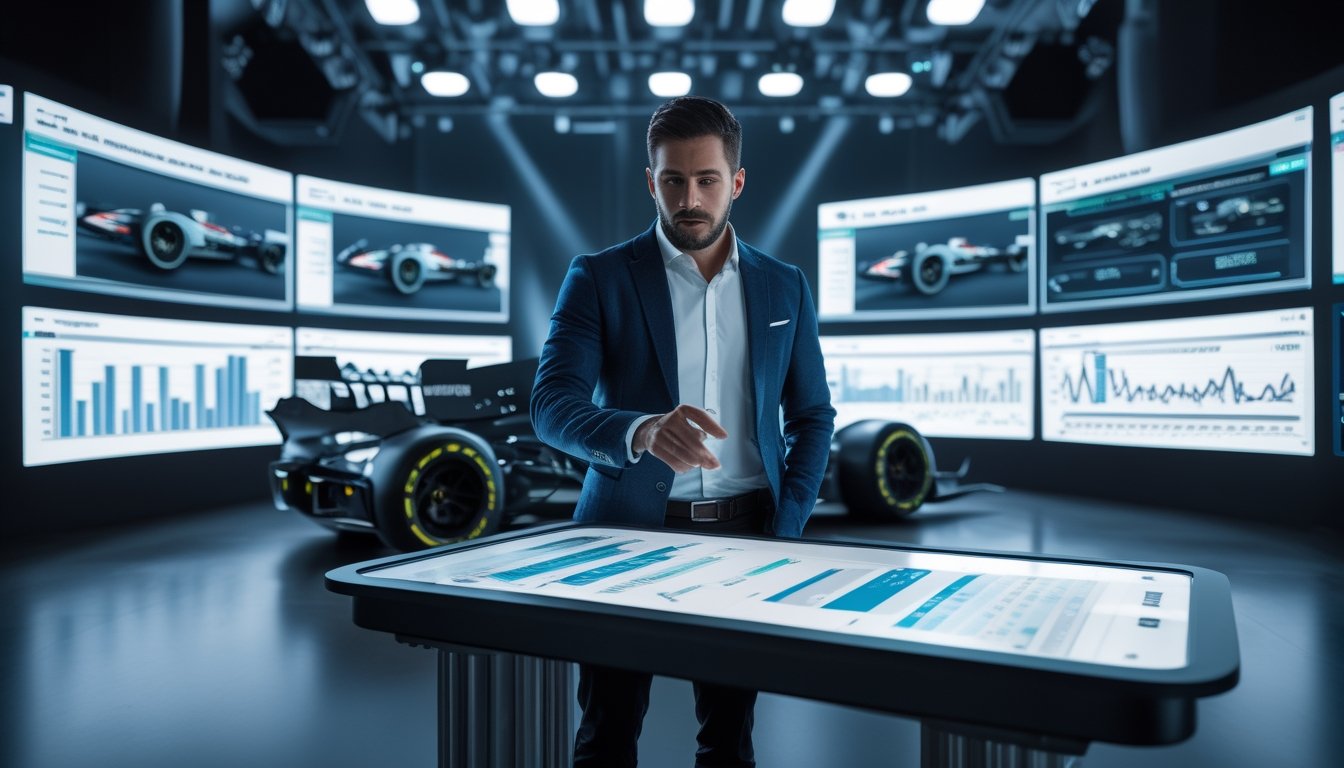 Seorang analis balap F1 sedang memeriksa data dan model mesin mobil balap di studio modern.