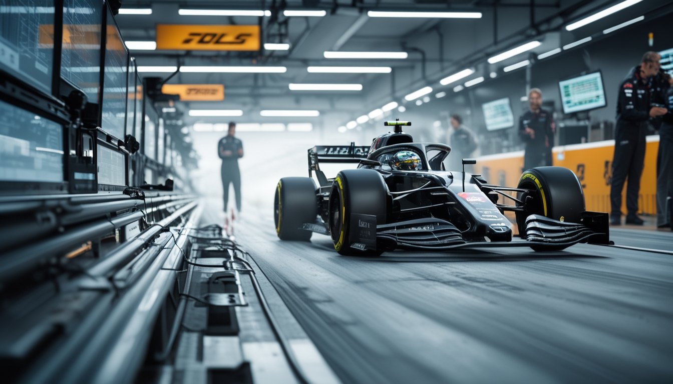 Mobil balap Formula 1 modern melaju di lintasan dengan tim menganalisis data di pitlane.