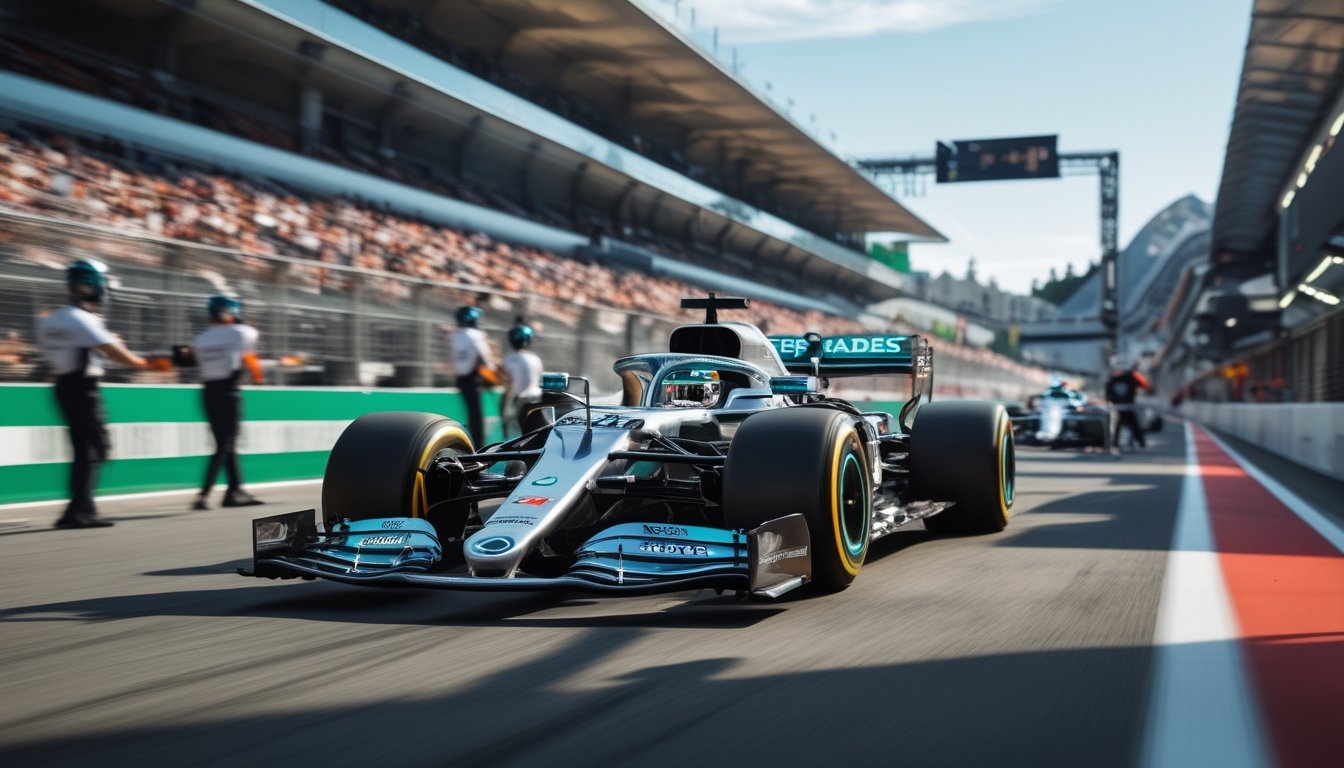 Mobil Formula 1 Mercedes melaju kencang di lintasan balap dengan penonton di tribun dan kru pit bersiap di latar belakang.