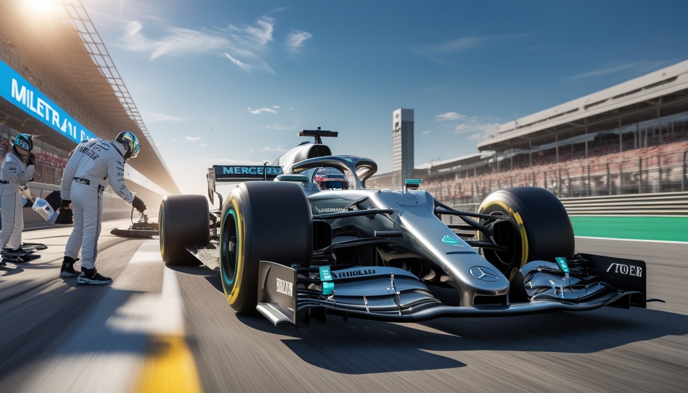 Mobil balap Mercedes F1 sedang melaju cepat di lintasan dengan kru pit siap mengganti ban, suasana kompetisi balapan sedang berlangsung.
