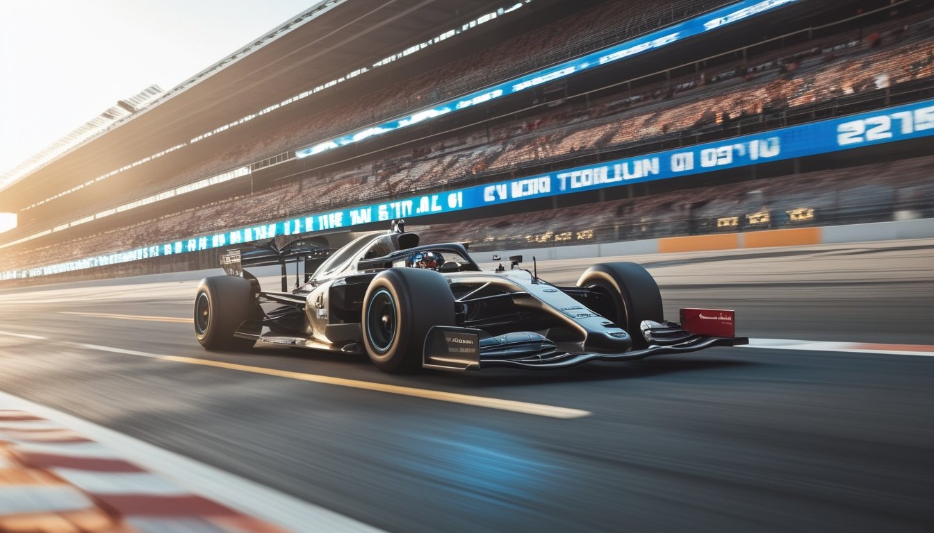 Mobil balap Formula 1 modern melaju kencang di lintasan dengan penonton di tribun dan layar digital di latar belakang.