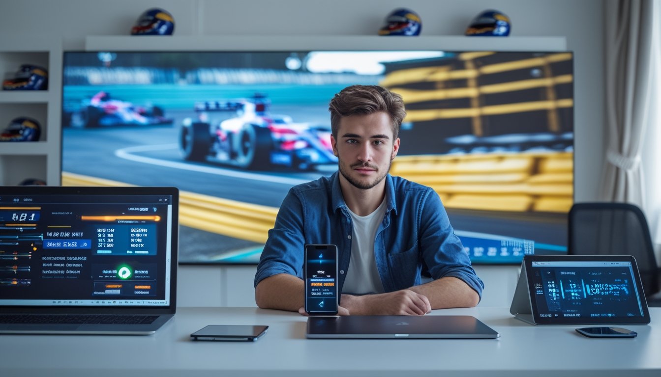 Seorang pria muda sedang duduk di meja dengan beberapa perangkat digital yang menampilkan statistik balapan F1 dan peluang taruhan, latar belakang menunjukkan trek balap F1 dan mobil yang melaju cepat.