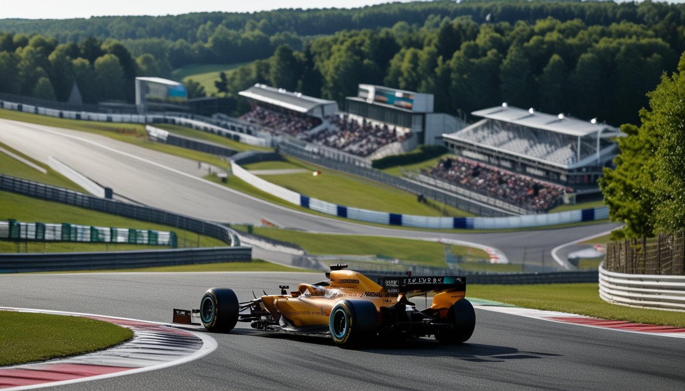 Sebuah mobil Formula 1 melaju cepat di tikungan tajam sirkuit Spa-Francorchamps yang mengelilingi hutan hijau dan penonton di tribun.
