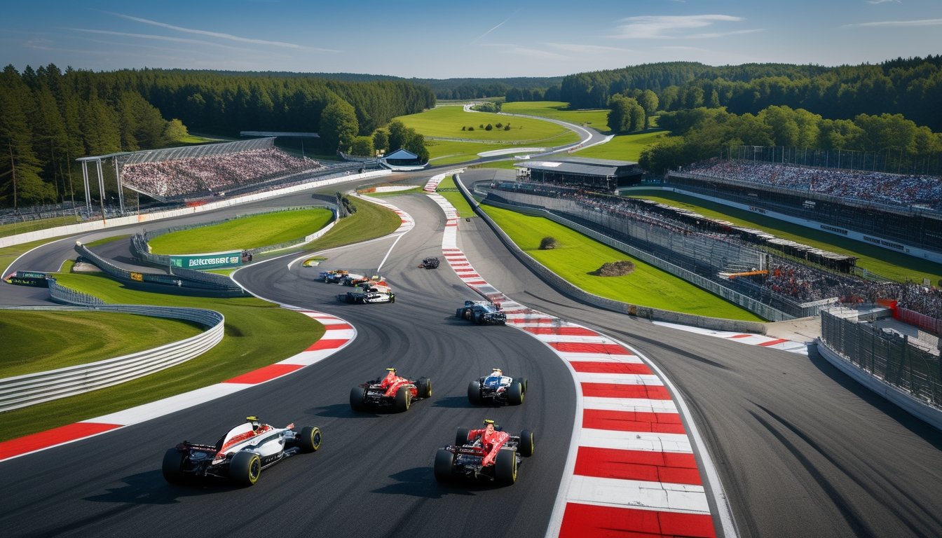 Pemandangan udara sirkuit Spa-Francorchamps dengan mobil balap Formula 1 melaju di tikungan, dikelilingi hutan hijau dan penonton di tribun.