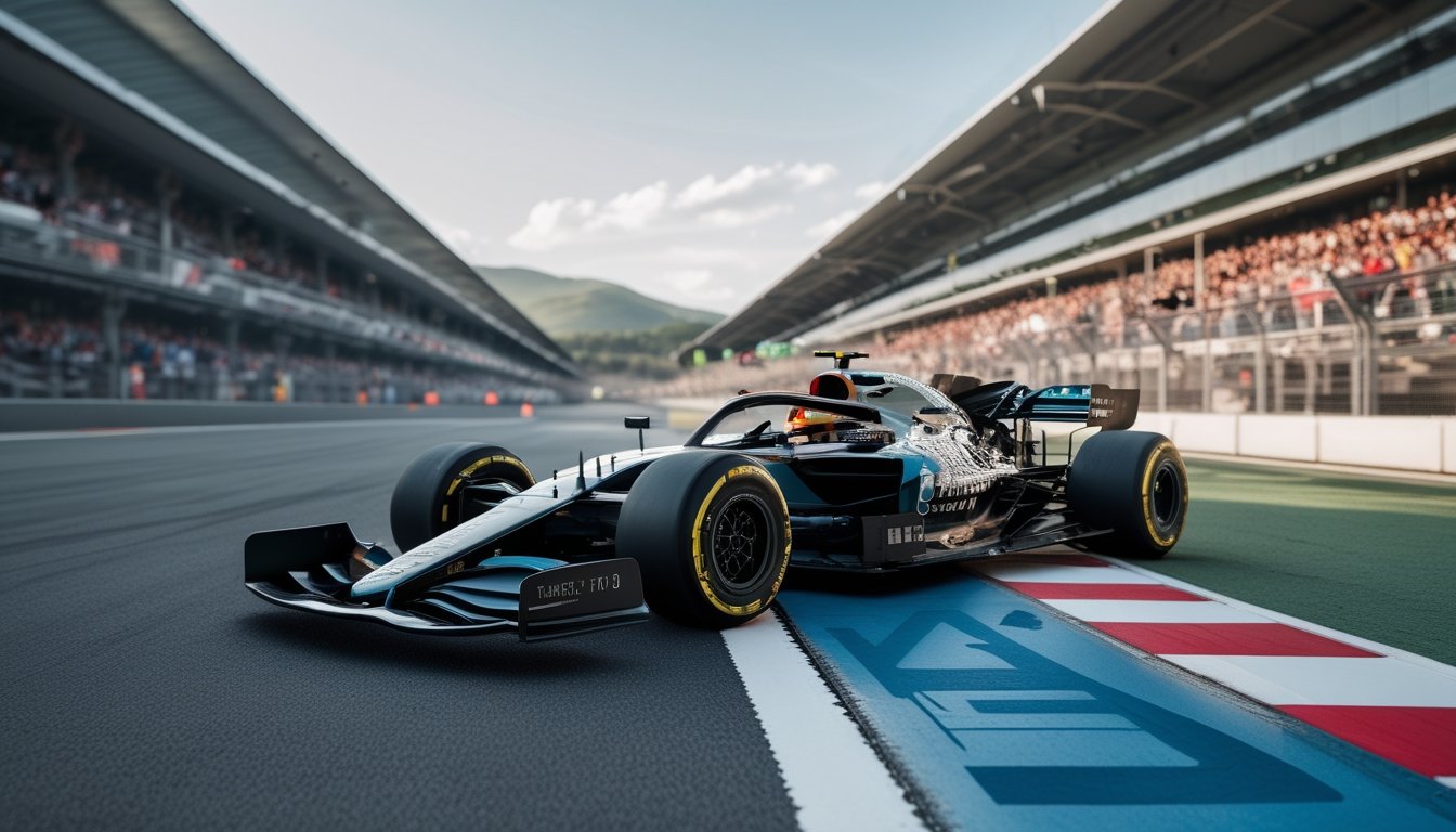Mobil Formula 1 futuristik sedang di posisi start dalam lintasan balap dengan penonton di tribun.
