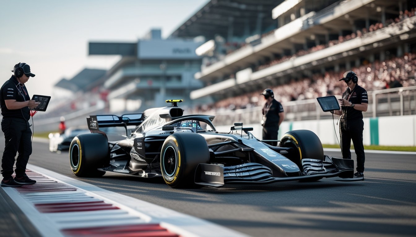 Mobil Formula 1 futuristik di lintasan balap dengan tim teknis yang menggabungkan data selama sesi kualifikasi.