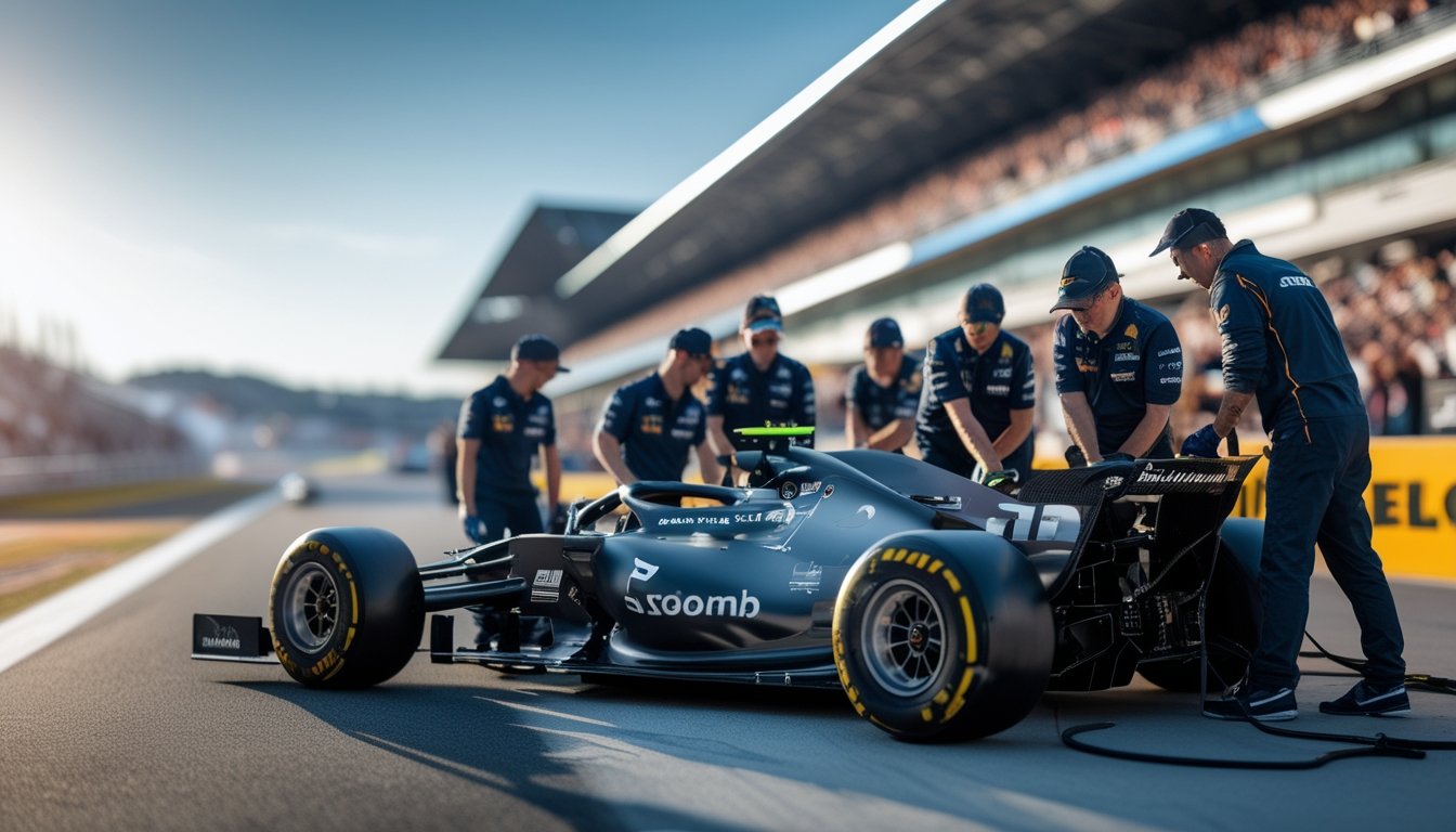 Tim mekanik sedang melakukan upgrade pada mobil balap di pit stop selama balapan di lintasan balap.