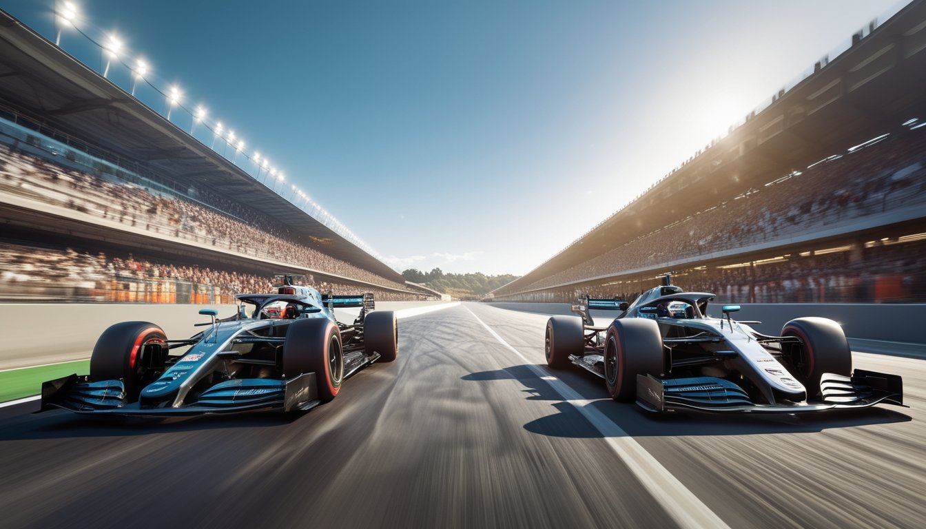 Dua mobil balap Formula 1 modern sedang saling bersaing di lintasan balap dengan penonton di tribun.