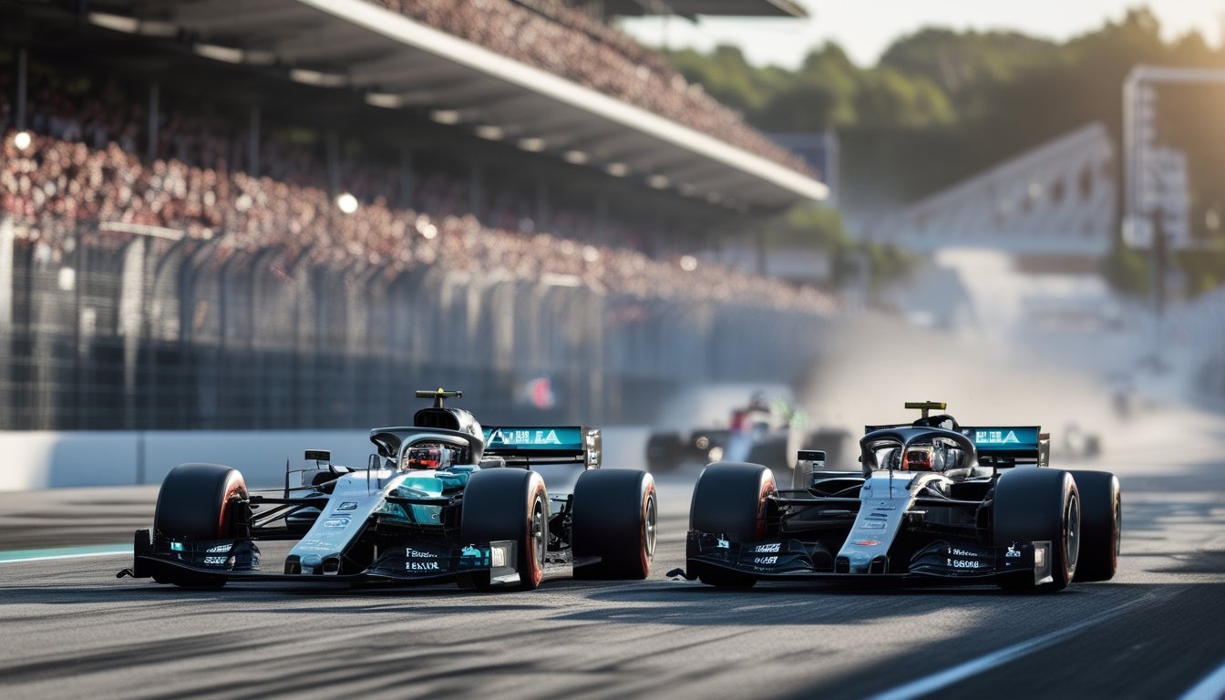 Dua mobil balap Formula 1 sedang bersaing ketat di lintasan dengan penonton ramai di latar belakang.