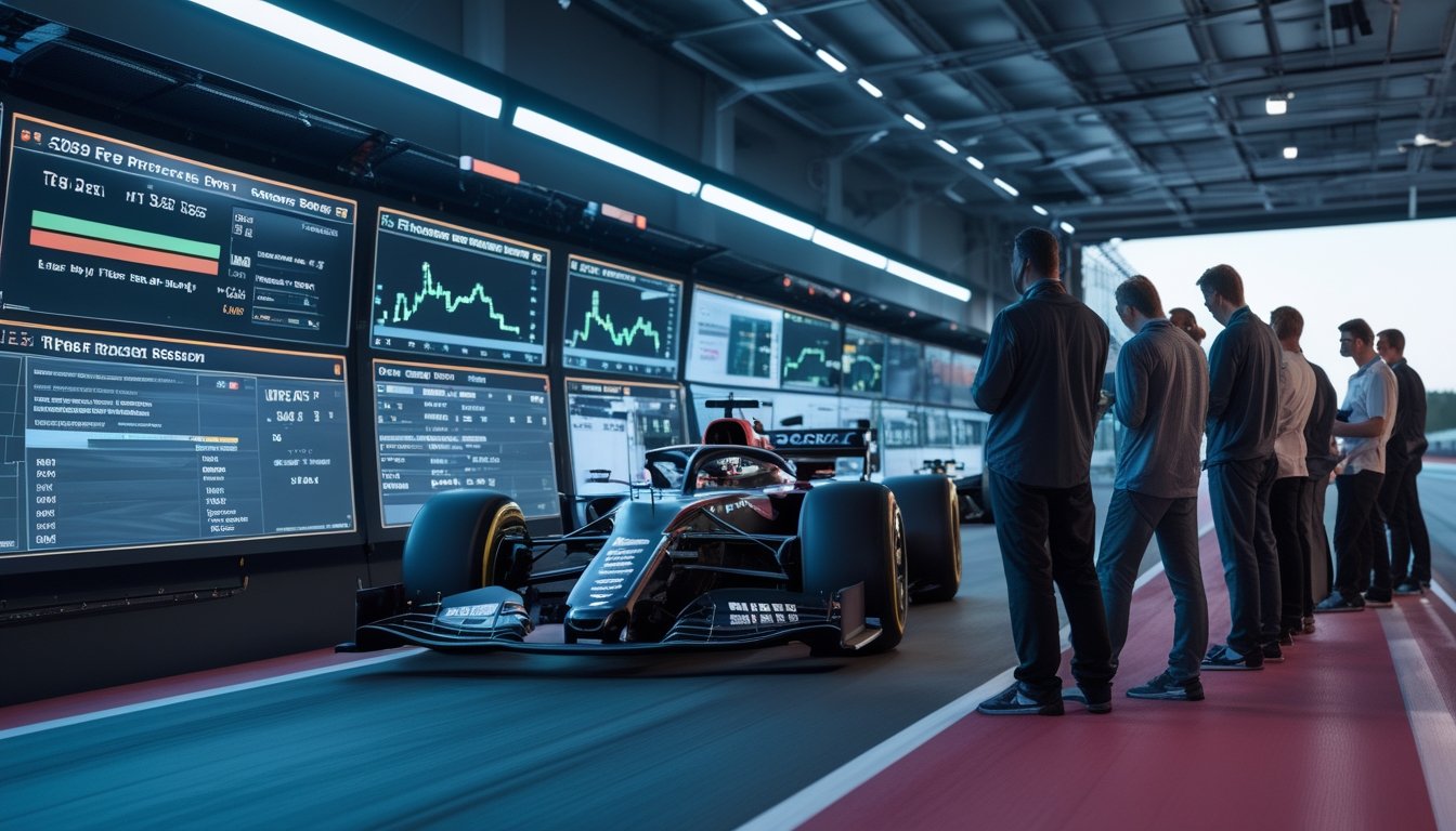 Seorang insinyur dan analis sedang memadukan data sesi latihan bebas balapan F1 2026 dengan mobil balap di lintasan di latar belakang.
