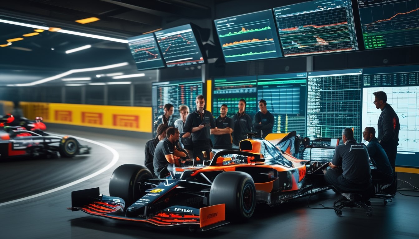 Sekelompok insinyur dan analis sedang melihat layar data balapan di garasi pit Formula 1 dengan mobil balap di latar belakang.