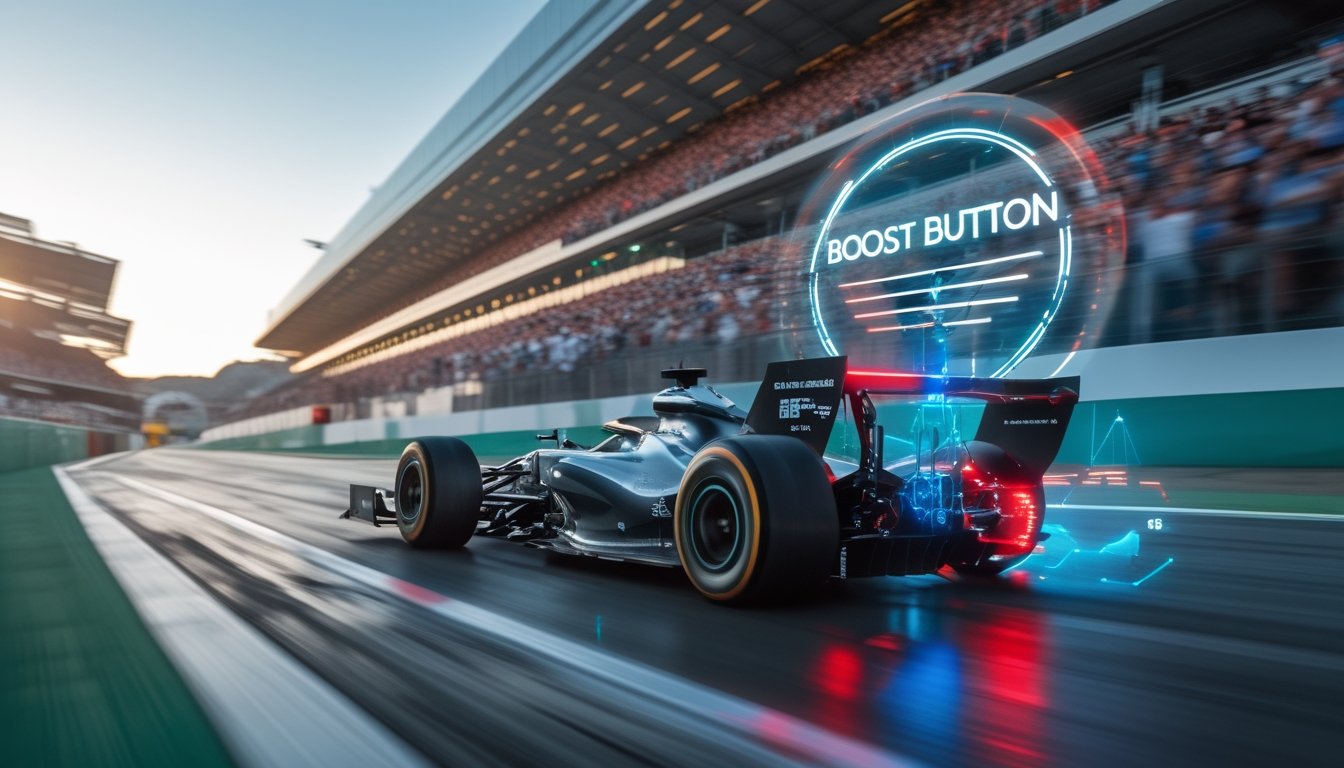 Mobil Formula 1 modern sedang melaju cepat di lintasan balap dengan efek cahaya dan grafik digital yang menunjukkan tombol boost dan data prediksi overtaking.