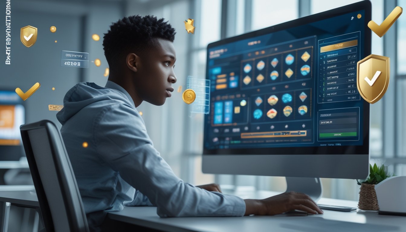 Orang muda duduk di meja kantor modern, melihat layar komputer dengan grafik permainan slot dan statistik kemenangan.