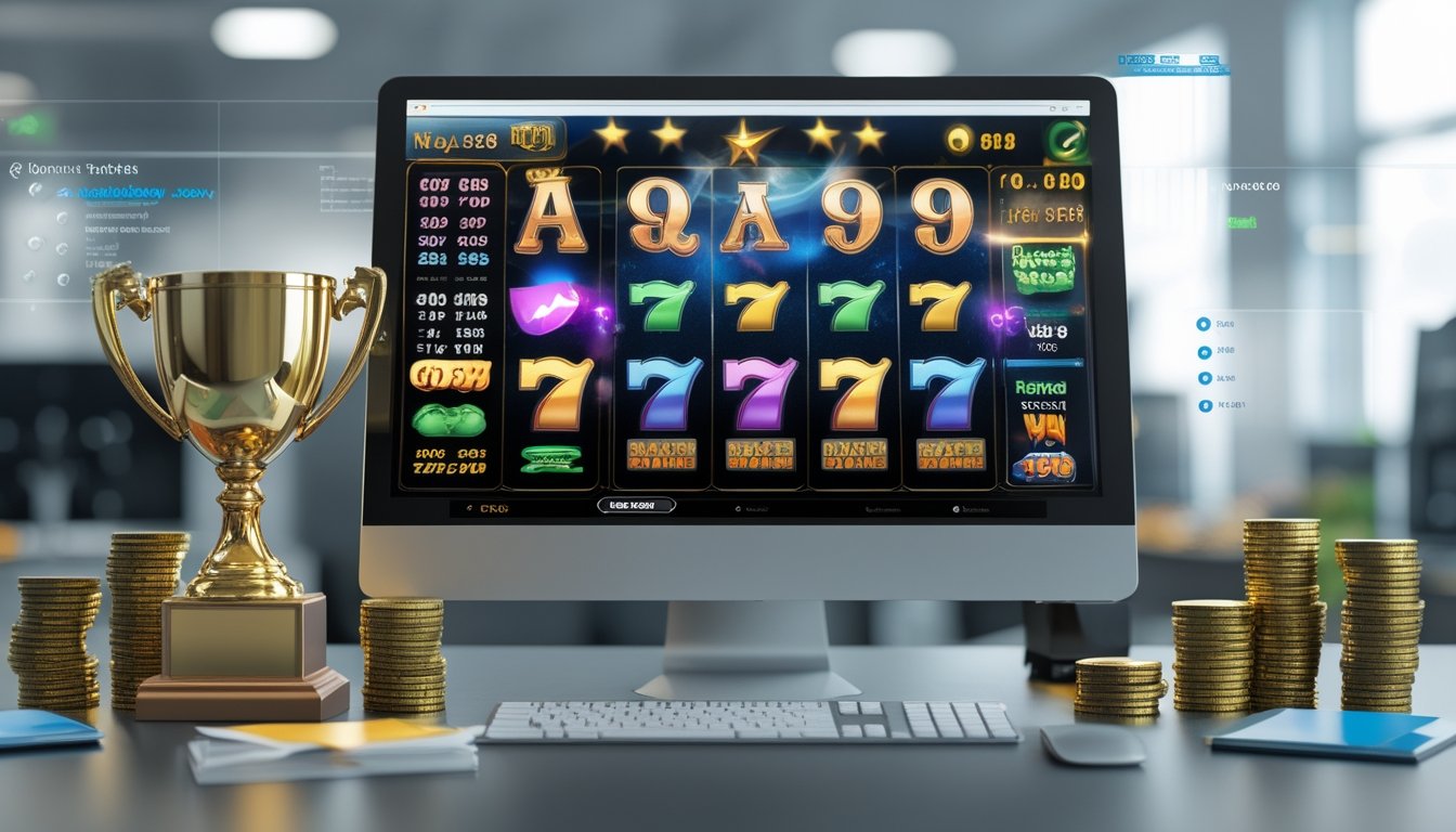 Sebuah ruang kerja modern dengan komputer menampilkan permainan slot online dan simbol kemenangan, dikelilingi oleh piala emas, daftar centang, dan tumpukan koin.