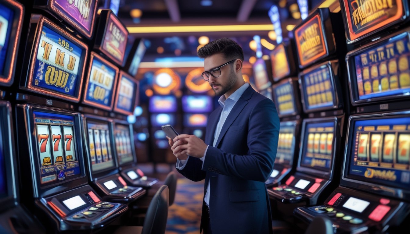 Seorang pria atau wanita sedang memperhatikan mesin slot yang berwarna-warni di dalam kasino dengan suasana hidup dan fokus.