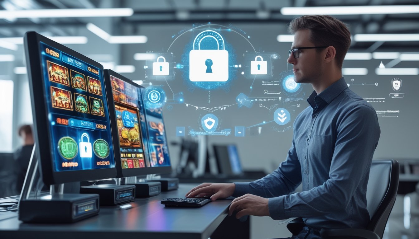 Seorang pria menggunakan komputer dengan layar menampilkan permainan slot dan ikon keamanan digital di ruang kantor modern.