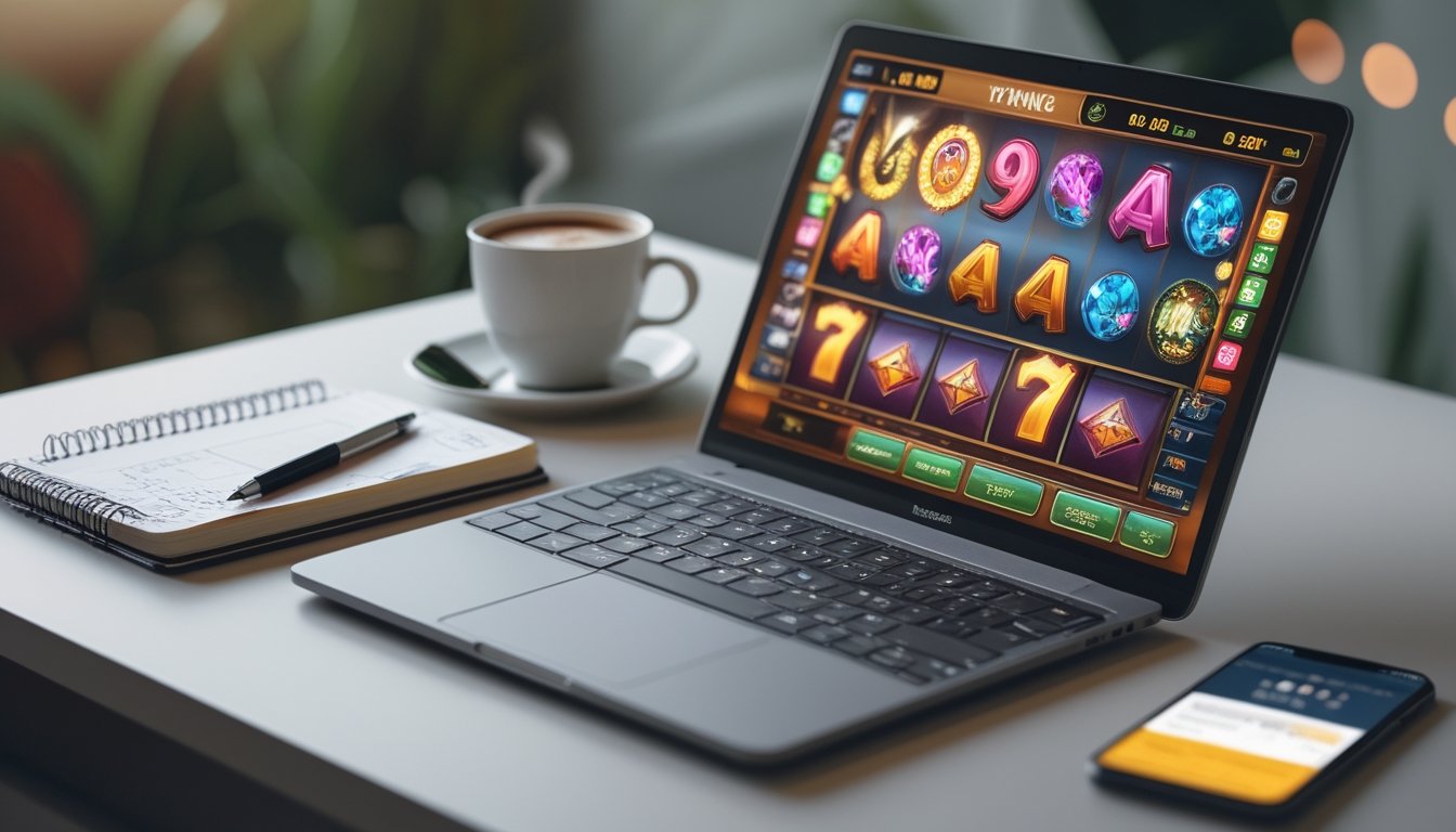 Seorang pemain sedang menggunakan laptop dengan permainan slot online di layar, di atas meja terdapat buku catatan, pena, kopi, dan ponsel yang menampilkan statistik.