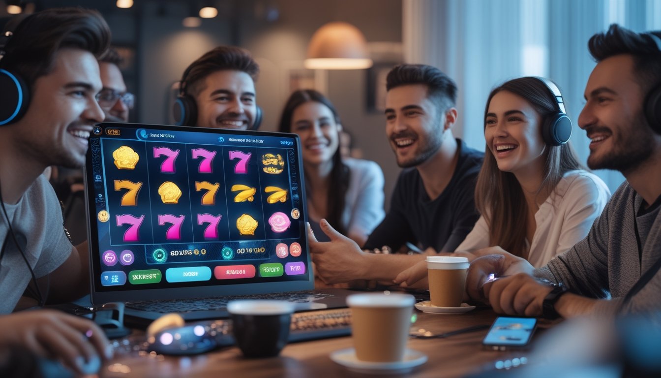 Sekelompok pemain muda yang antusias sedang bermain permainan slot online di komputer dengan tampilan grafis permainan yang berwarna-warni dan menarik.