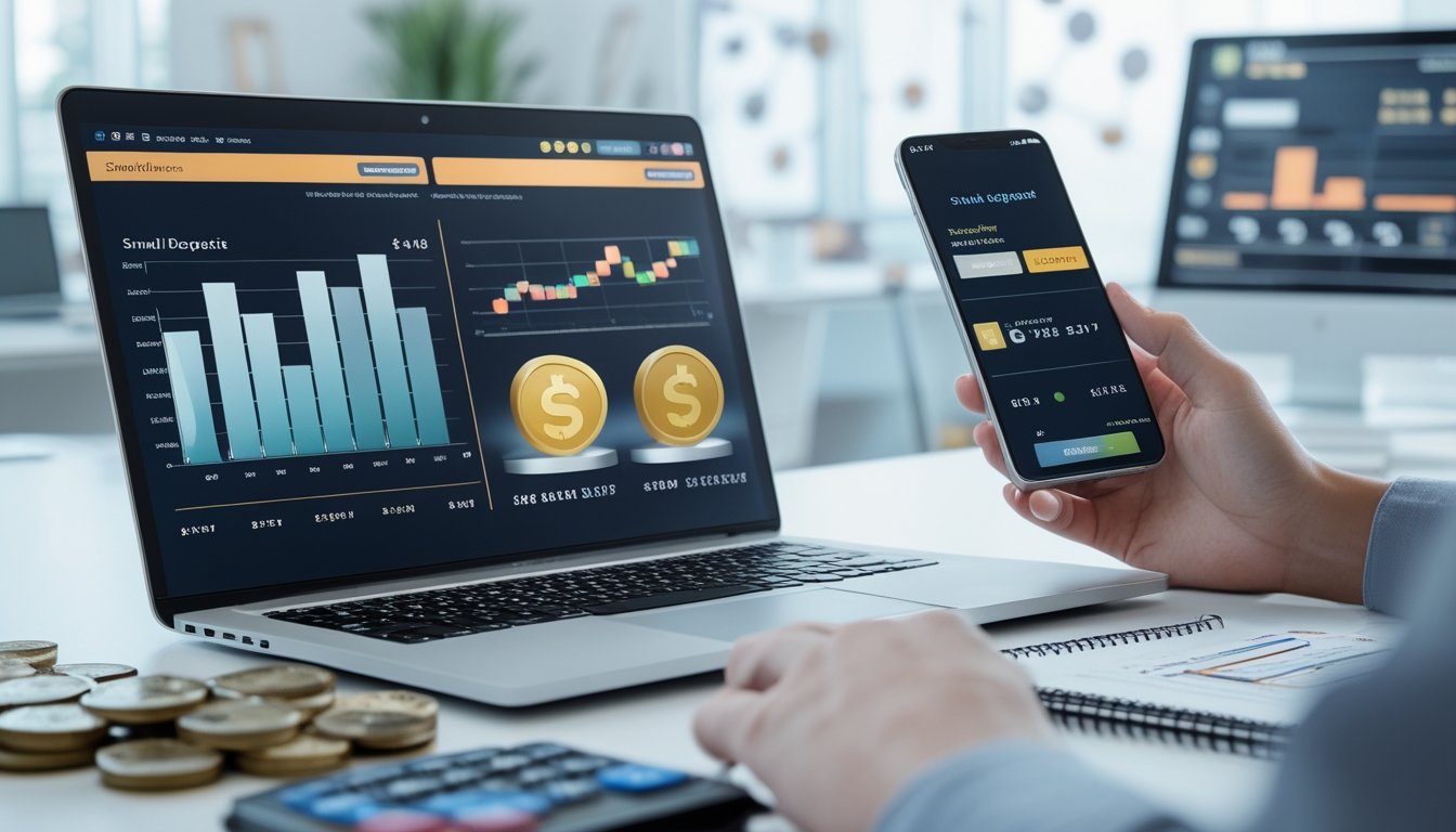 Seseorang sedang bekerja di meja dengan laptop yang menampilkan grafik keuangan dan permainan slot, sambil memegang ponsel dengan aplikasi dompet digital, di sebuah ruang kantor yang terang dan rapi.