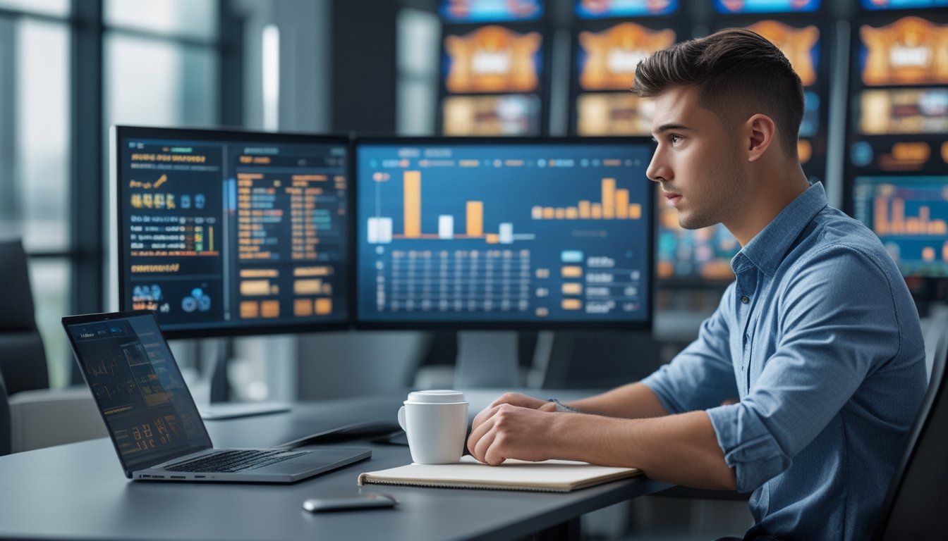 Seorang pria muda duduk di meja kerja modern sambil melihat layar komputer dengan grafik keuangan, dengan latar belakang yang menunjukkan elemen permainan slot online.