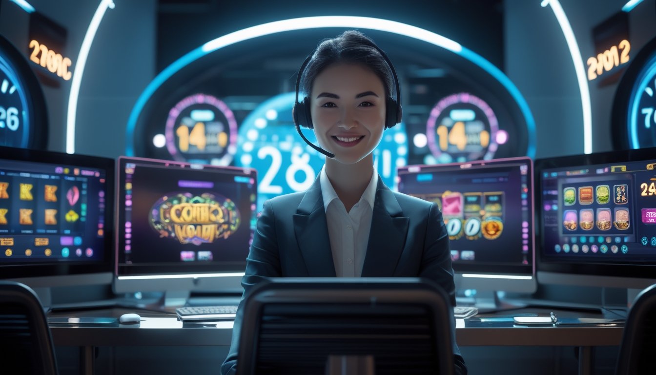 Seorang petugas layanan pelanggan dengan headset duduk di depan komputer yang menampilkan permainan slot, menunjukkan dukungan 24 jam dalam lingkungan kerja modern.