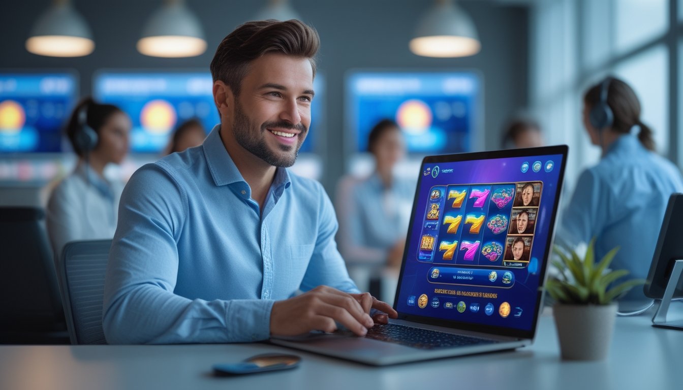 Seorang pria duduk di depan laptop dengan tampilan permainan slot online, di latar belakang terlihat elemen teknologi dan agen dukungan pelanggan.