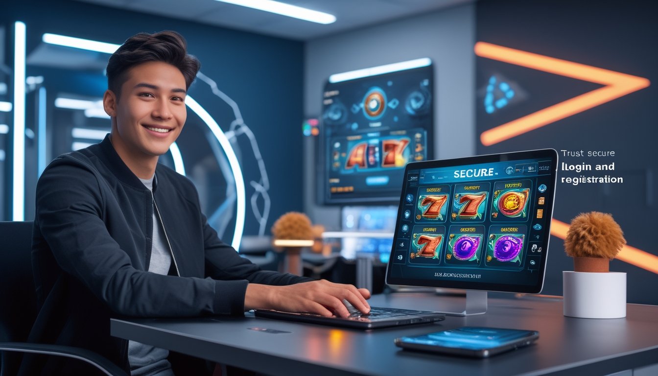 Seseorang menggunakan laptop dan ponsel untuk bermain mesin slot online di ruangan modern dengan pencahayaan futuristik.