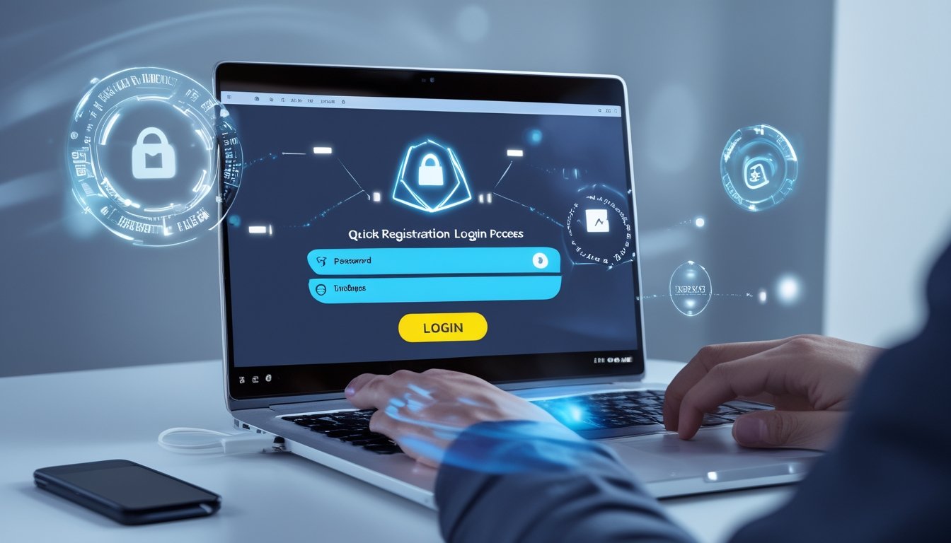 Seseorang menggunakan laptop di meja kerja modern dengan layar yang menampilkan proses login dan elemen keamanan digital.