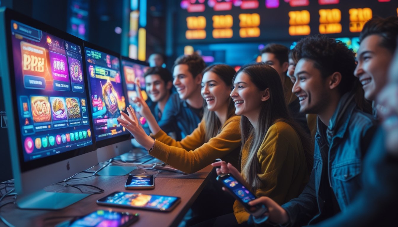 Sekelompok orang muda bermain game slot online di ruangan modern dengan komputer dan ponsel.