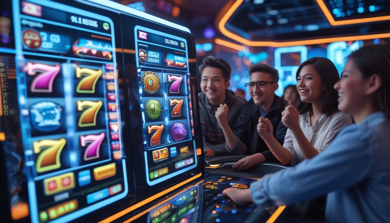 Beberapa orang sedang bermain mesin slot online dengan antusias di sebuah ruangan game modern.