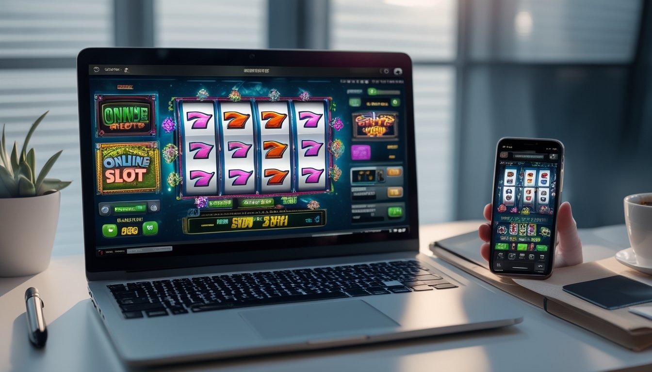 Meja kerja modern dengan laptop dan ponsel yang menampilkan permainan mesin slot online berwarna-warni.