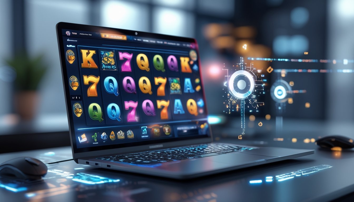 Sebuah ruang kerja modern dengan laptop yang menampilkan grafik mesin slot dan pola algoritma digital, dikelilingi oleh elemen teknologi dan permainan.